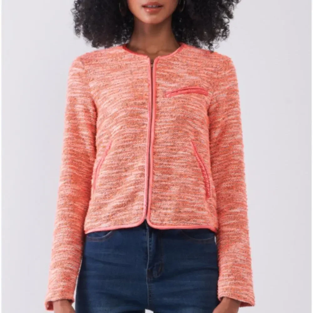 Orange Vintage Tweed Long Sleeve Front Zip-Up Detail Jacket With Pockets - Picture 7 of 16